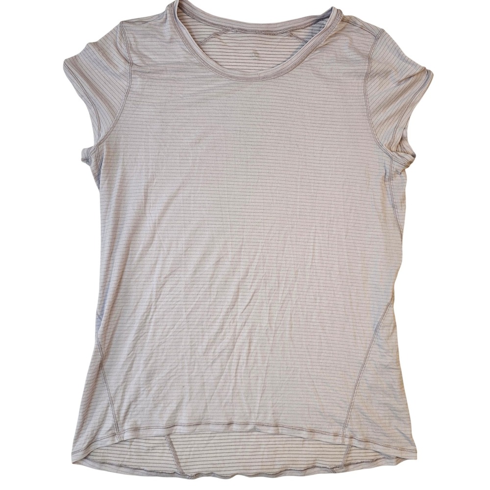 Lululemon Swiftly Tech Short Sleeve Crew Purple Grey Micro Stripe Shirt Size 10